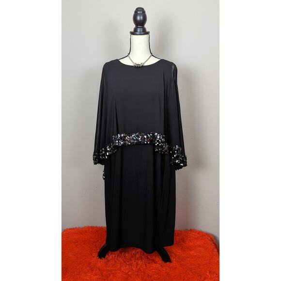 Betsy & Adam Black Sequin Cape Capelet Sleeveless Sheath Evening Gown Dress 16W